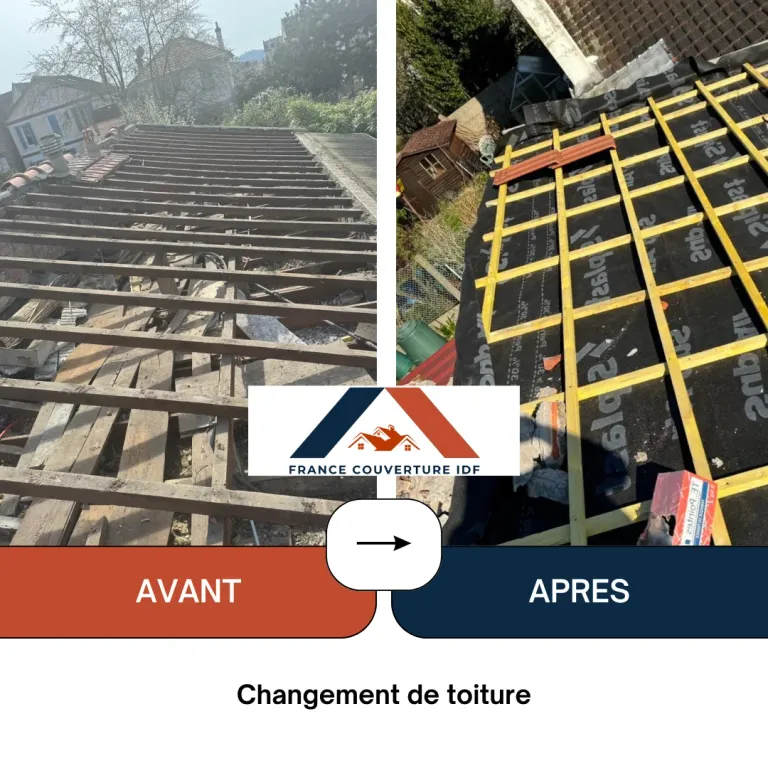 Charpente bois avant et après pose d'un écran de sous-toiture et de liteaux neufs