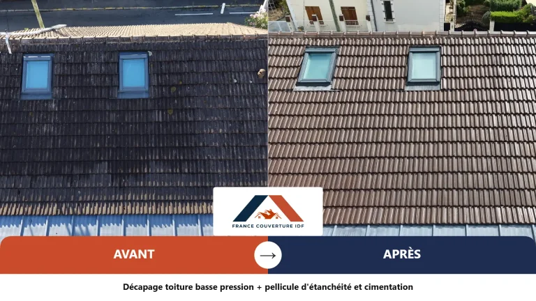 Toiture en tuiles avant et après décapage basse pression, pellicule d'étanchéité et cimentation du faîtage