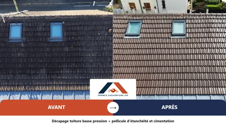 Toiture en tuiles avant et après décapage basse pression, pellicule d'étanchéité et cimentation du faîtage