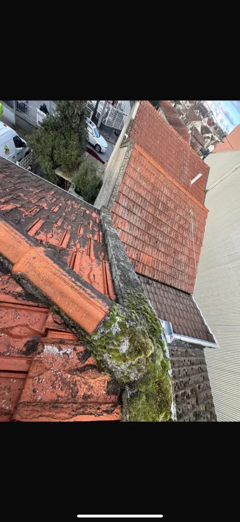 Mousse accumulée à la jonction d’une gouttière et d’un chéneau en tuiles, cause fréquente de débordement