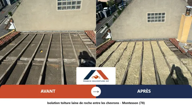 Isolation de toiture en laine de roche posée entre les chevrons à Montesson (78), avant/après