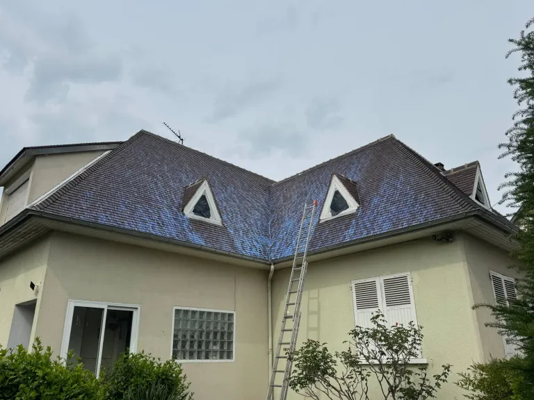 Application d'une pellicule d'étanchéité par pulvérisation après nettoyage de toiture