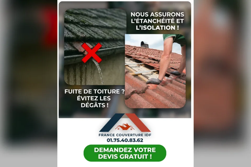 Avant/après d’une fuite de toiture traitée : étanchéité et isolation assurées par France Couverture IDF à Houilles