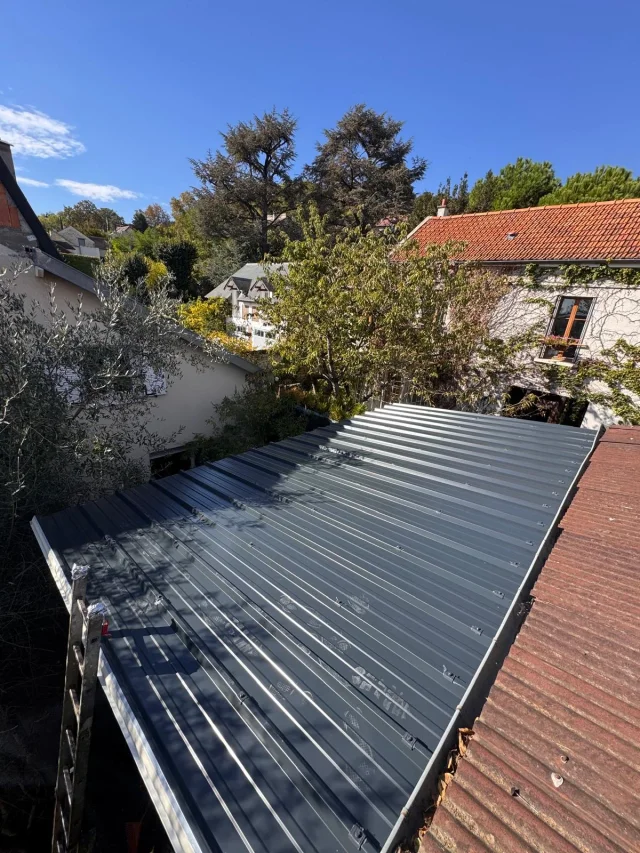 Couverture neuve en panneaux sandwich bac acier gris anthracite sur une dépendance du Mesnil-le-Roi (78), vue depuis le toit