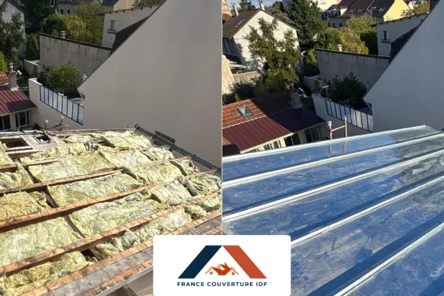 Création d’une toiture en zinc naturel avec isolation neuve à Houilles (78), avant/après