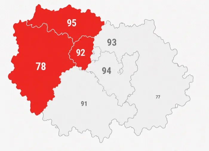 Carte des zones d'intervention France Couverture IDF : Yvelines (78), Hauts-de-Seine (92) et Val-d'Oise (95)